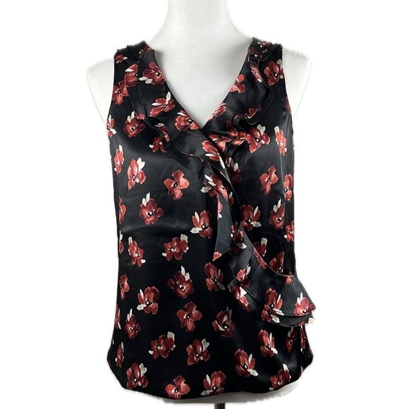 WHBM Farrah Flowers Satin Ruffle Shell Faux Wrap Top Dark Floral Romantic Sz XS - Picture 1 of 15